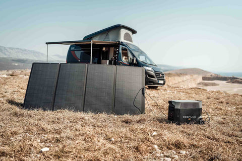 EcoFlow DELTA Pro Being Charged With A 400W Solar Panel Next To A RV