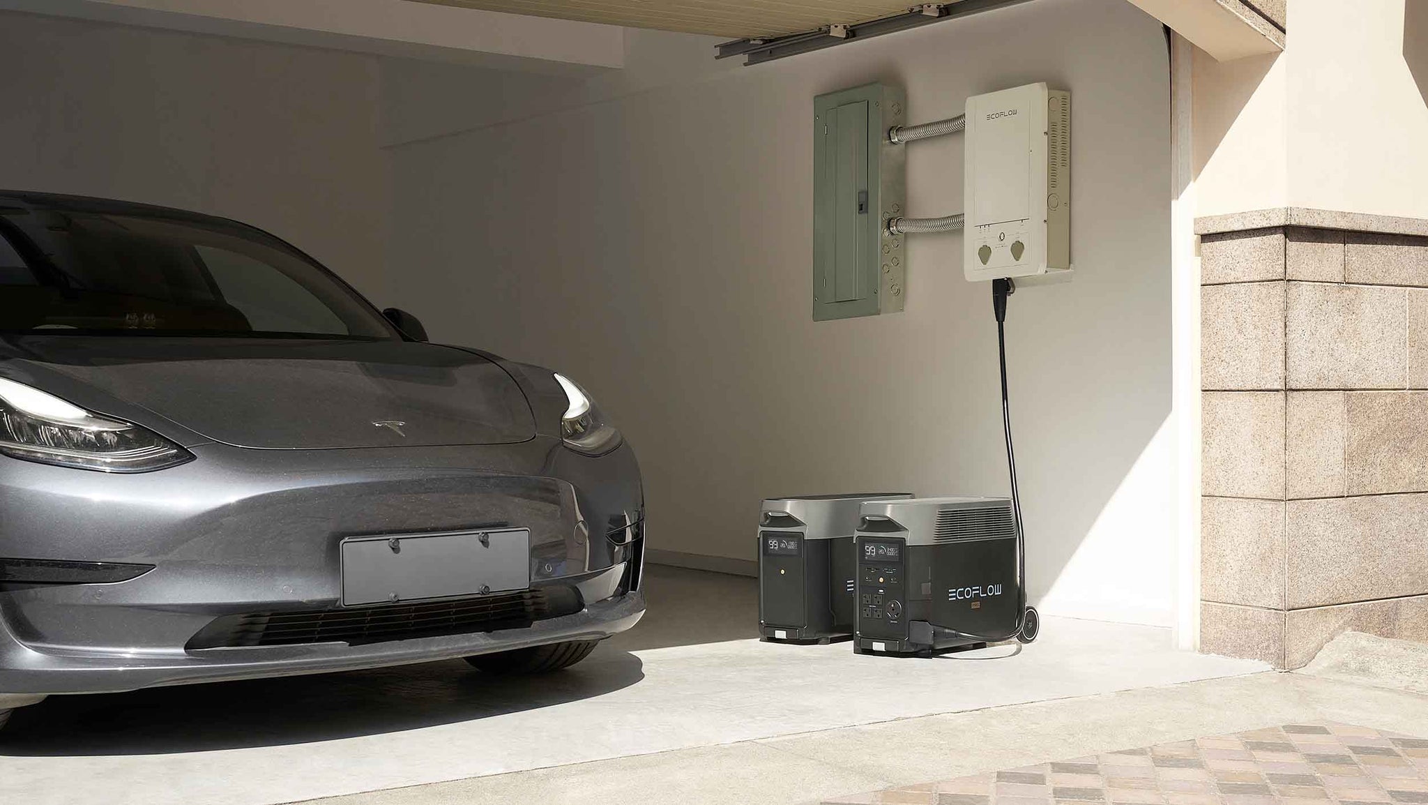EcoFlow DELTA Pro in a garage connected to the Smart Home Panel next to a Tesla
