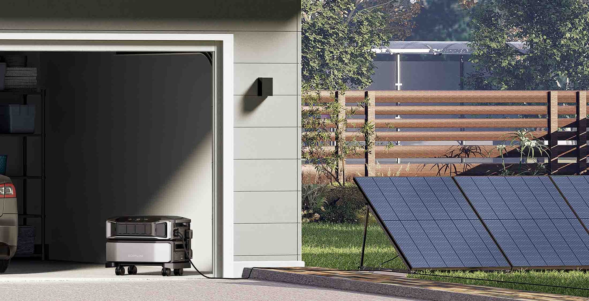 EcoFlow DELTA Pro Ultra In An Open Garage Being Charged By Solar Panels