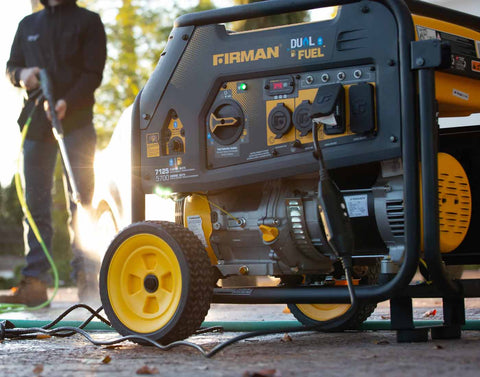 Firman H05752 Dual Fuel Portable Generator Outdoors Charging A Pressure Washer