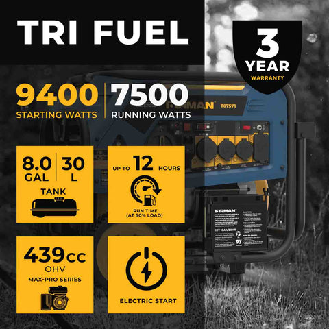 The Firman T07571 Tri-Fuel Has 9400 Starting Watts and 7500 Running Watts and a 3-Year Warranty