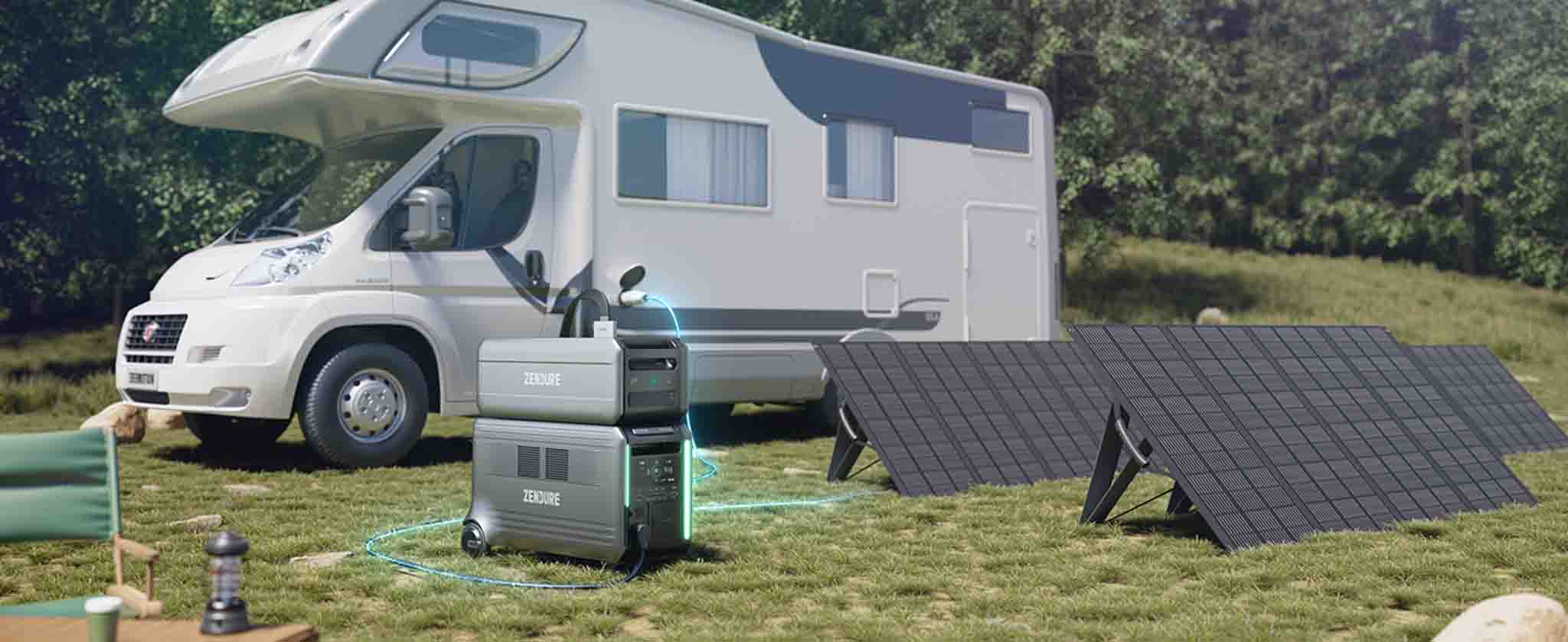 Zendure SuperBase V Solar Generator With Two Solar Panels Charging An RV