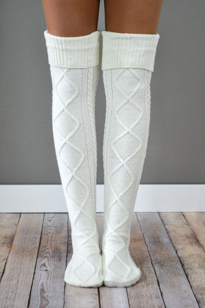 Cream Diamond Cable Knit Boot Socks - Fast, Free Shipping ...