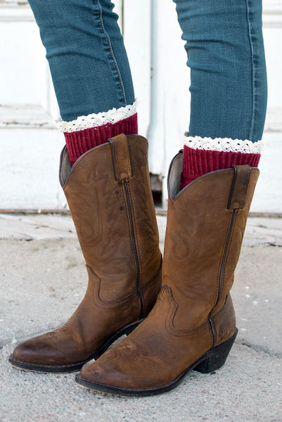 Burgundy Knitted Boot Cuffs With Lace Trim – bootcuffsocks.com