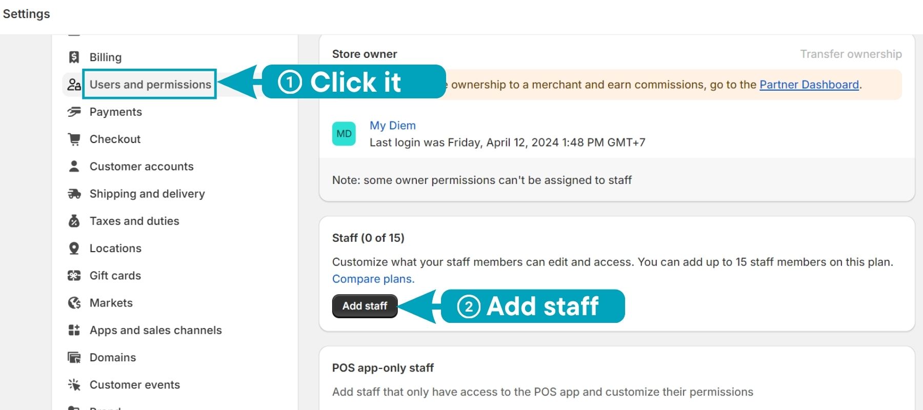 Adding staff accounts on Shopify
