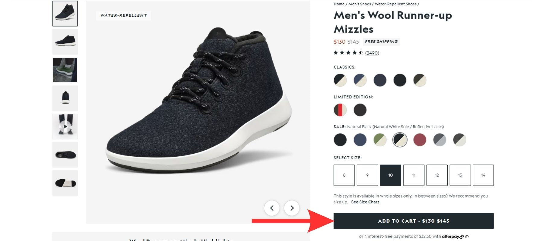 Allbirds’s CTA button on the product page.