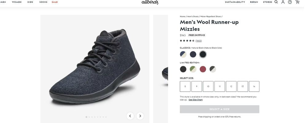 Allbirds Product Page size