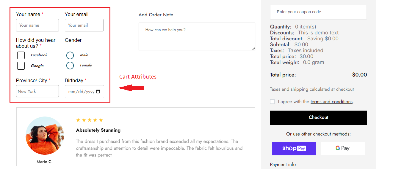 cart attributes in Shopping cart page Shopify