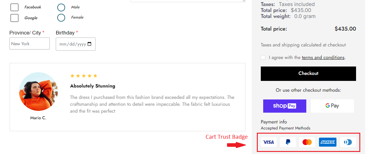 cart trust badge - shopping cart page Shopify