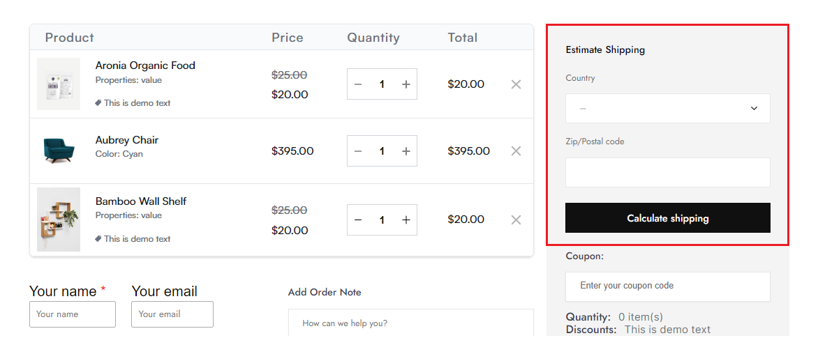 estimate shipping - shopping cart page elements
