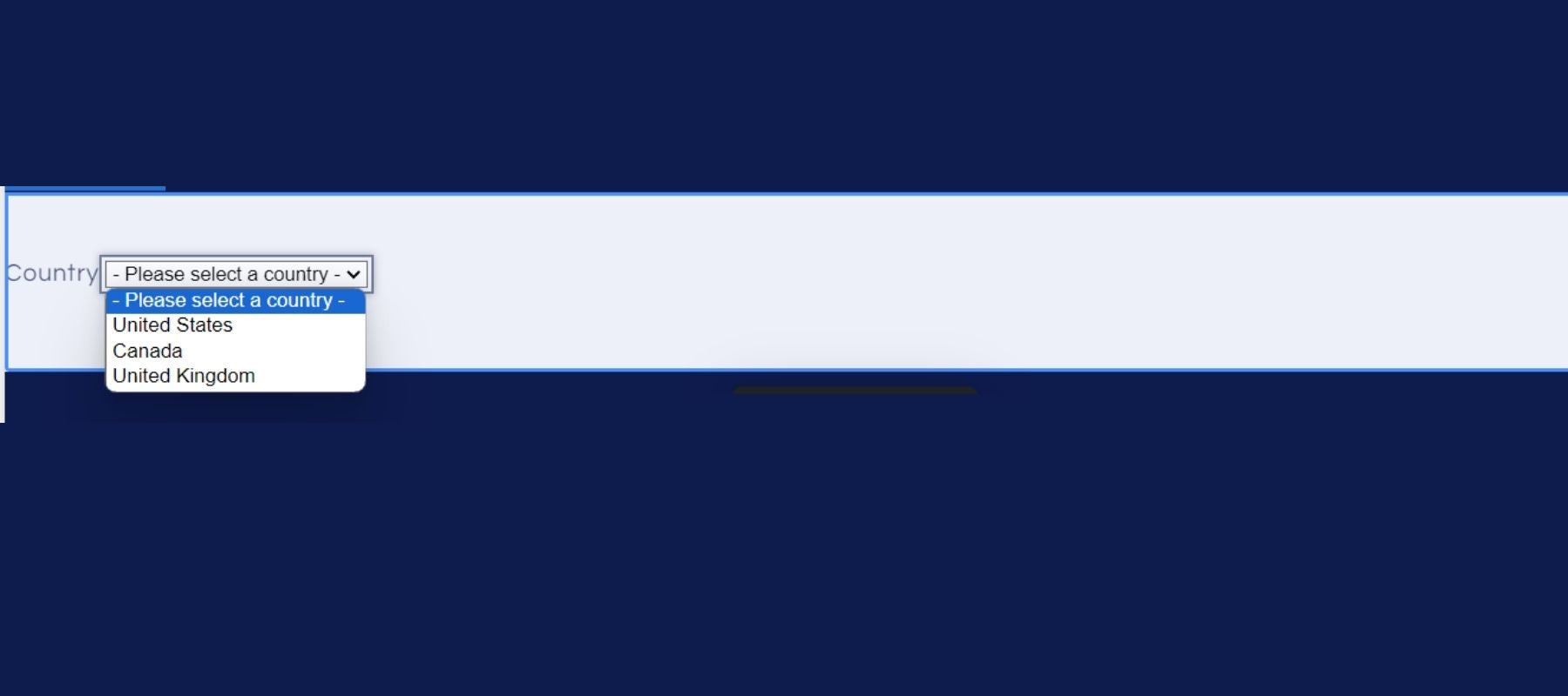 Example of drop-down menu field customer registration form.