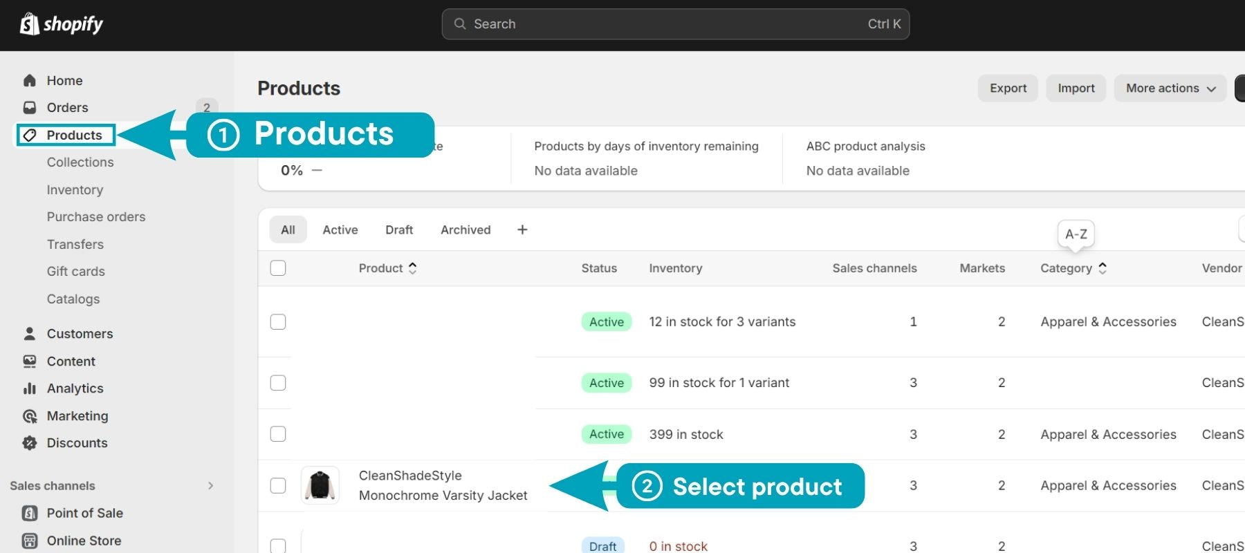 Find your product on Shopify Admin