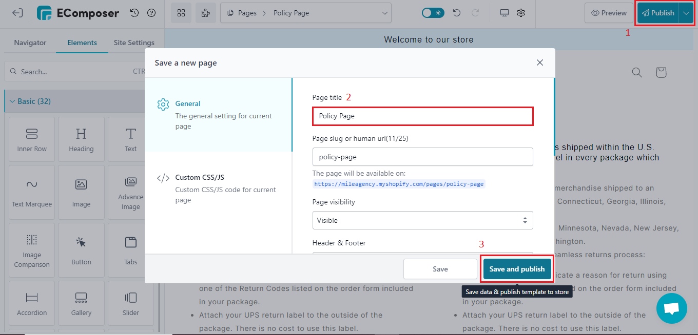 save and publish Shopify policy page template