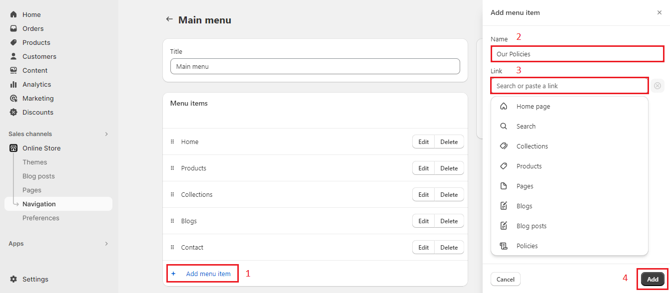 Add new menu items in Shopify header