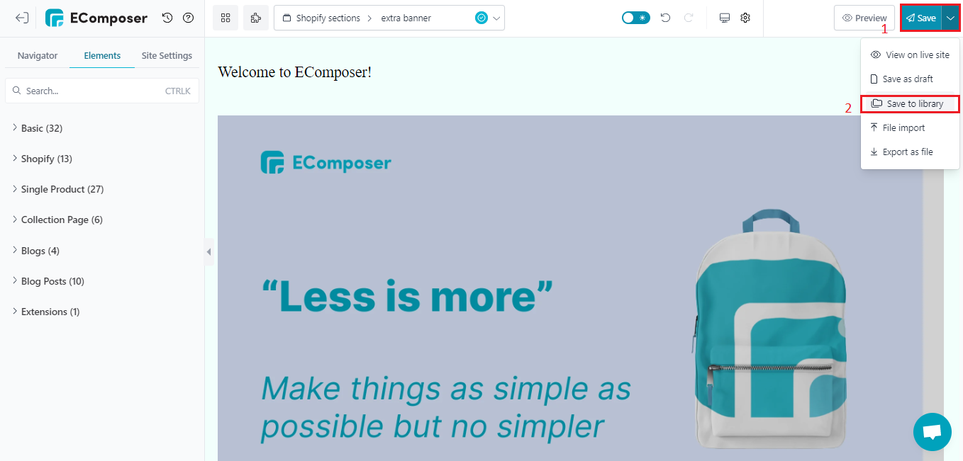 save Shopify section to EComposer library