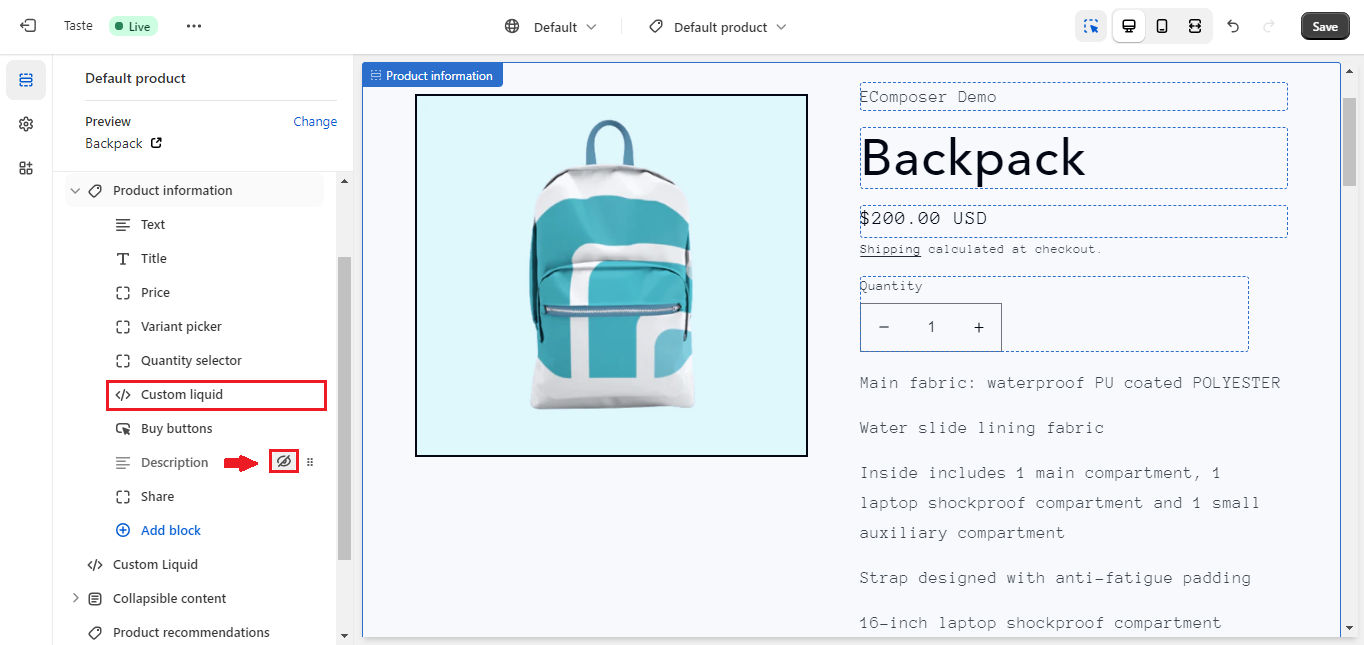 split product description into several sections on Shopify