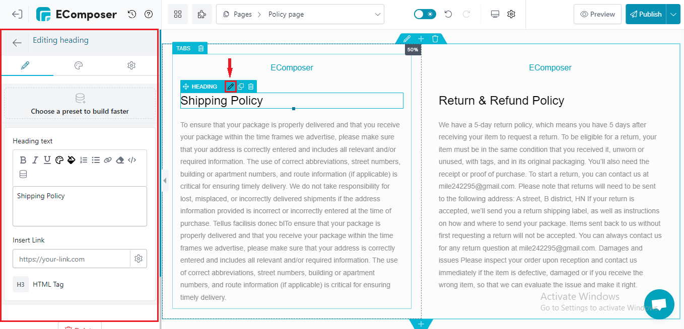 customize Shopify policy page template