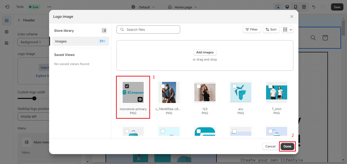 edit Shopify header: choose logo in the library