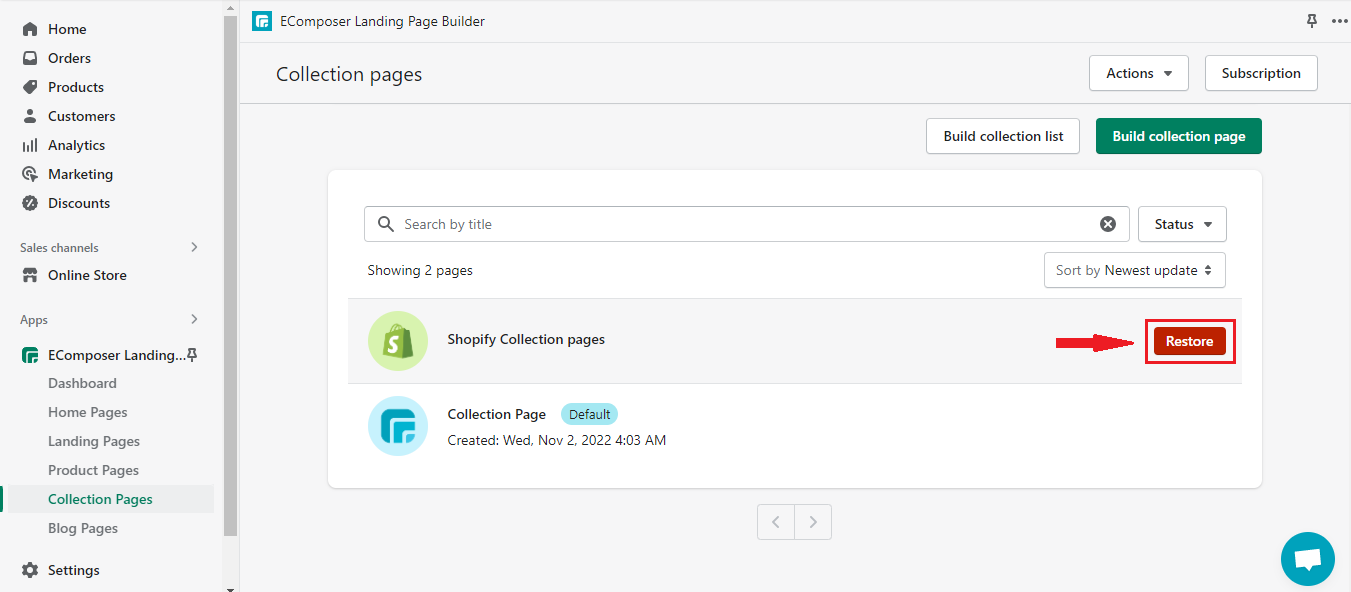 restore Shopify default collection page