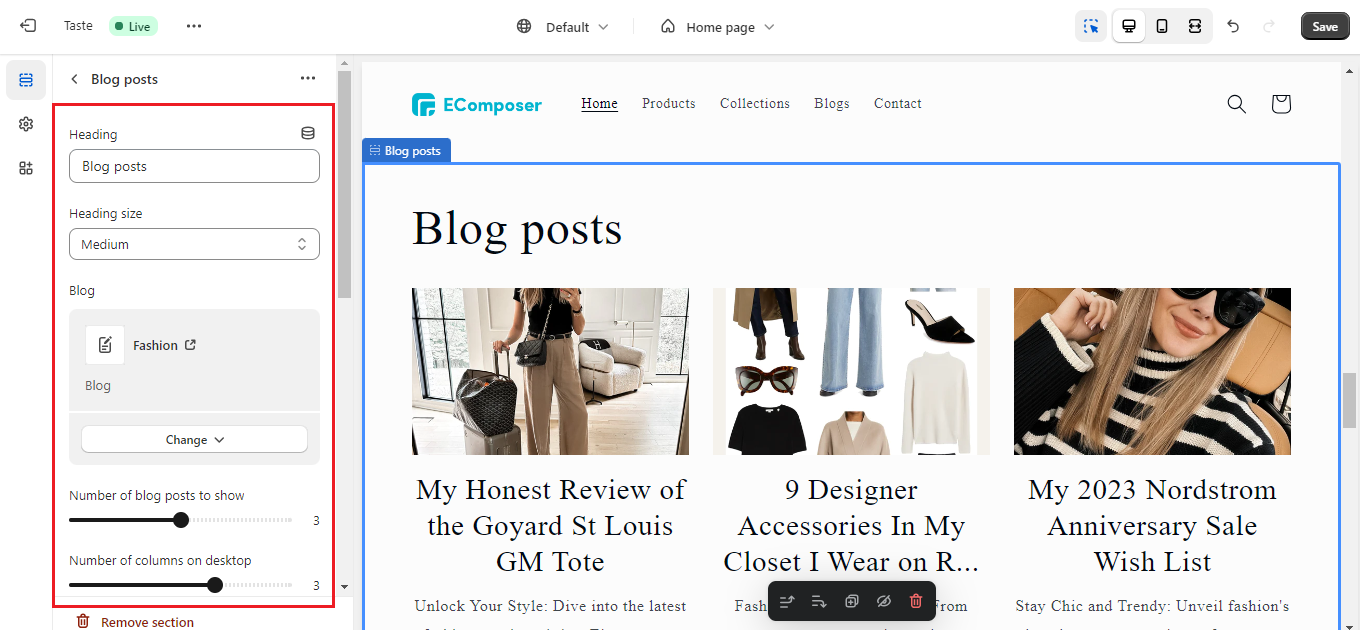 customize default Shopify blog section