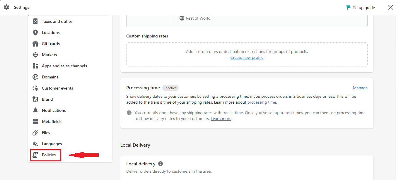 open policies in Shopify settings
