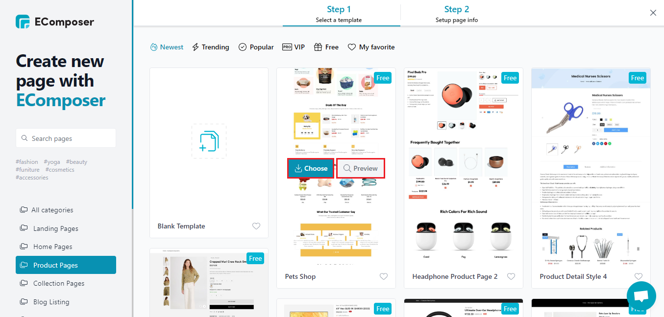 Choose EComposer product page template