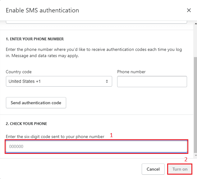 SMS delivery 2fa Shopify methods