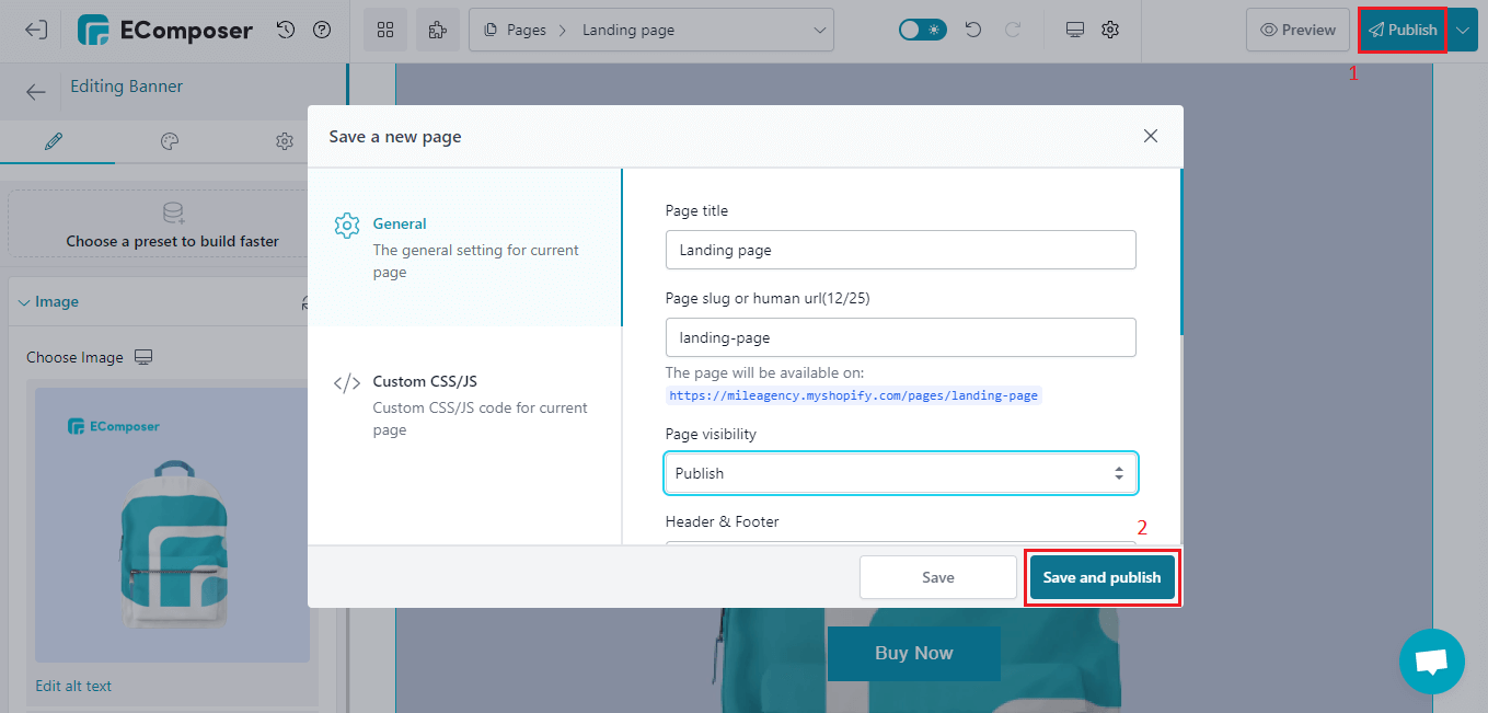 save and publish Shopify landing page