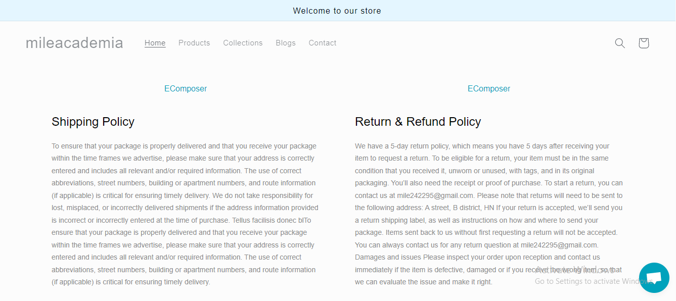 Shopify policy page template