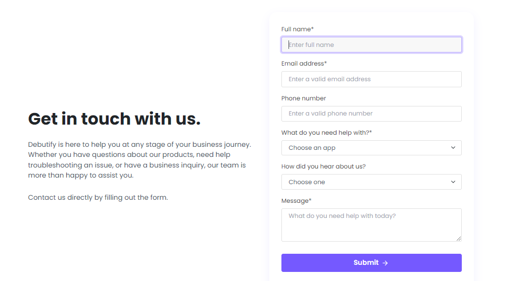 Contact form of Debutify Shopify Theme
