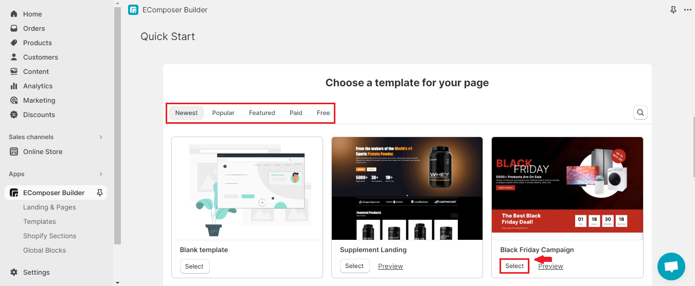 choose Shopify black friday landing page template