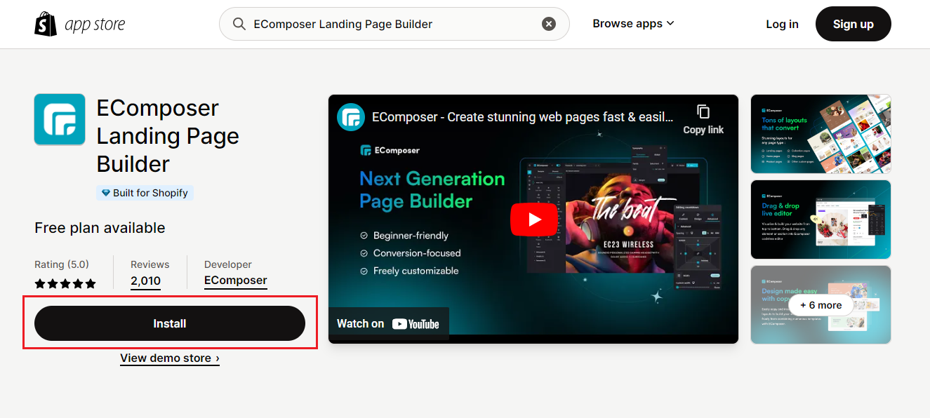 install EComposer Shopify page builder app