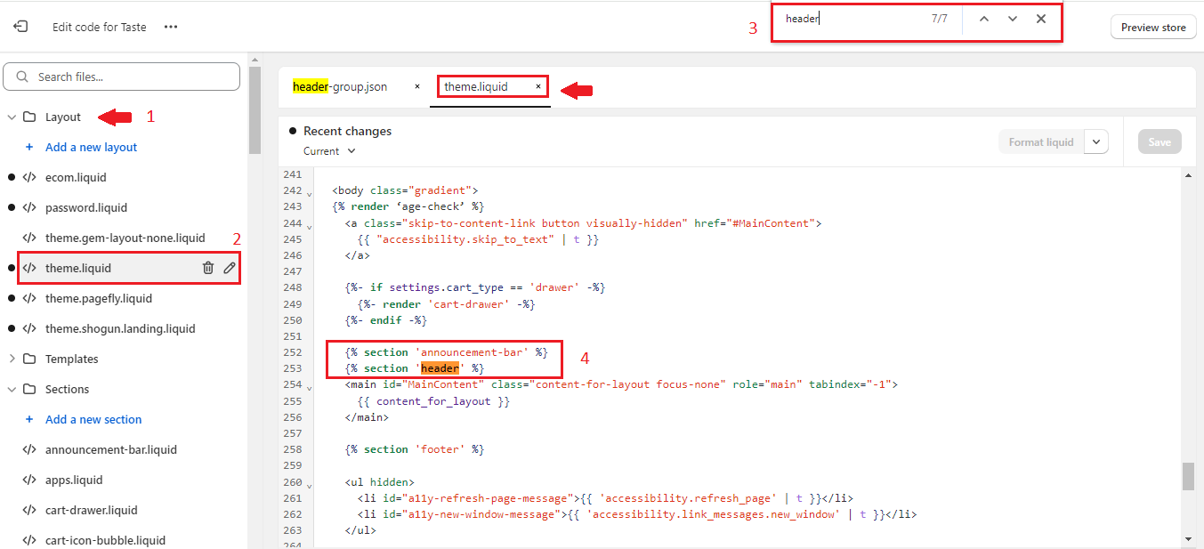 find header section in liquid file