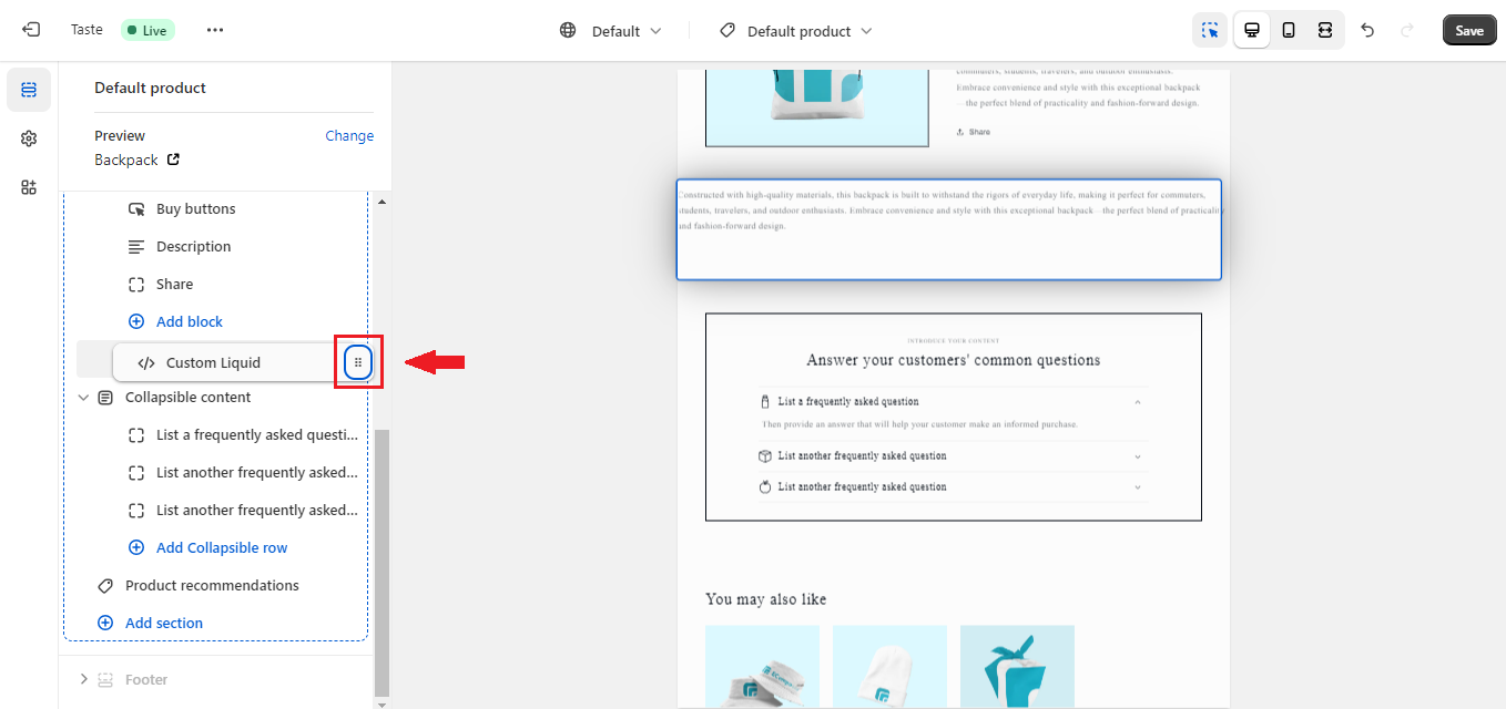 change position of Shopify product description