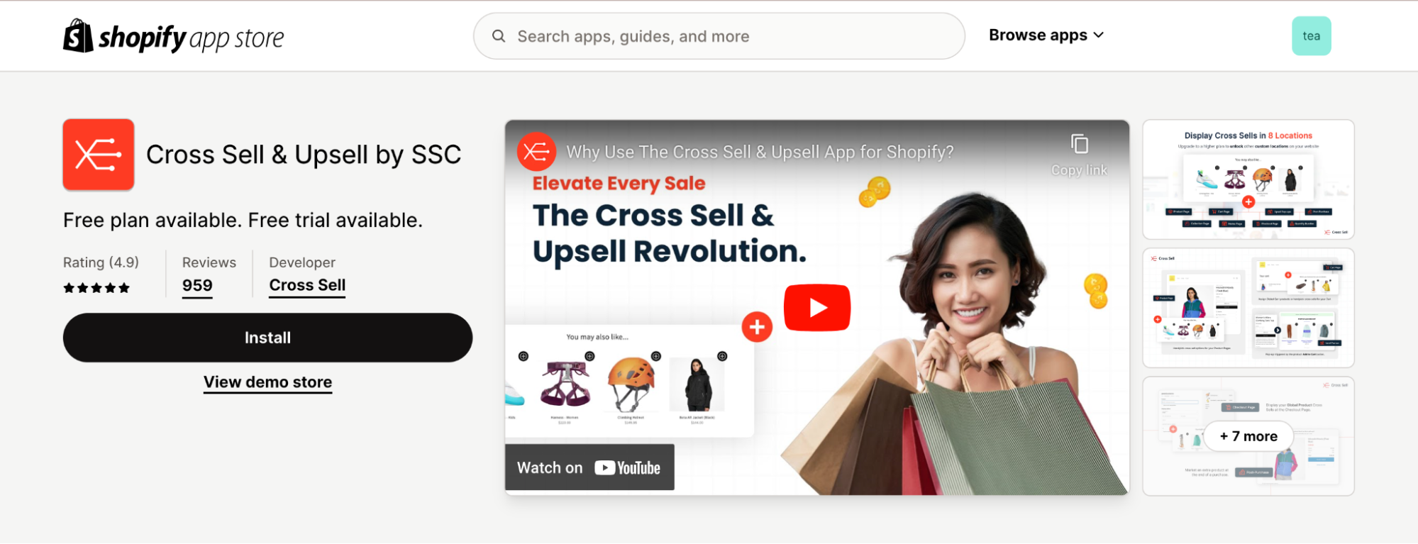 View of Cross Sell & Upsell on the Shopify App Store