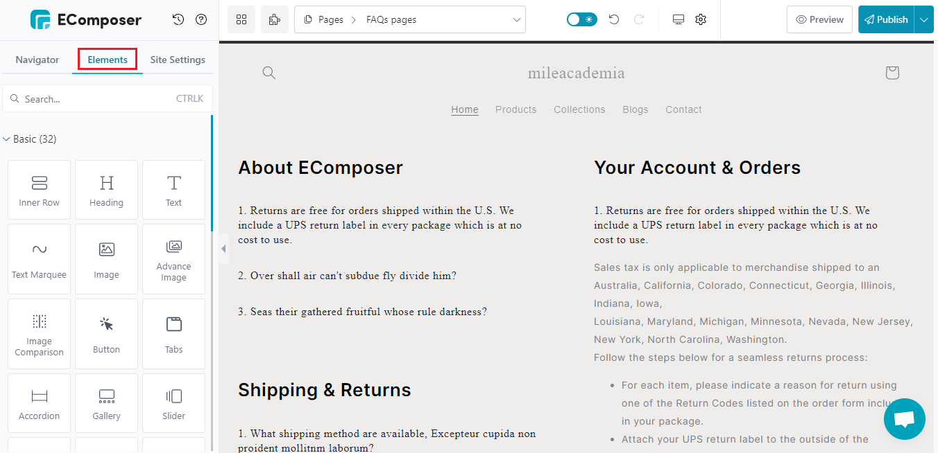 add EComposer elements on Shopify FAQ page