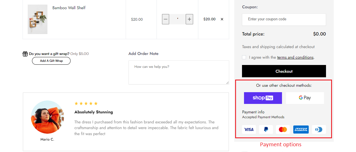 various payment options in Shopify Cart Page