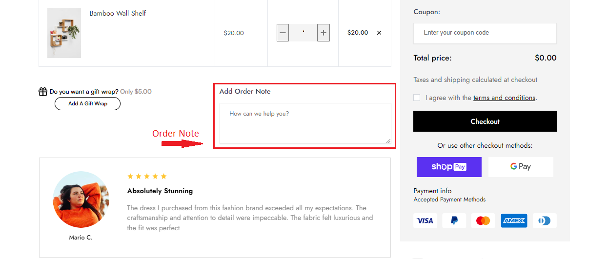 Order Note on Shopify Cart Page