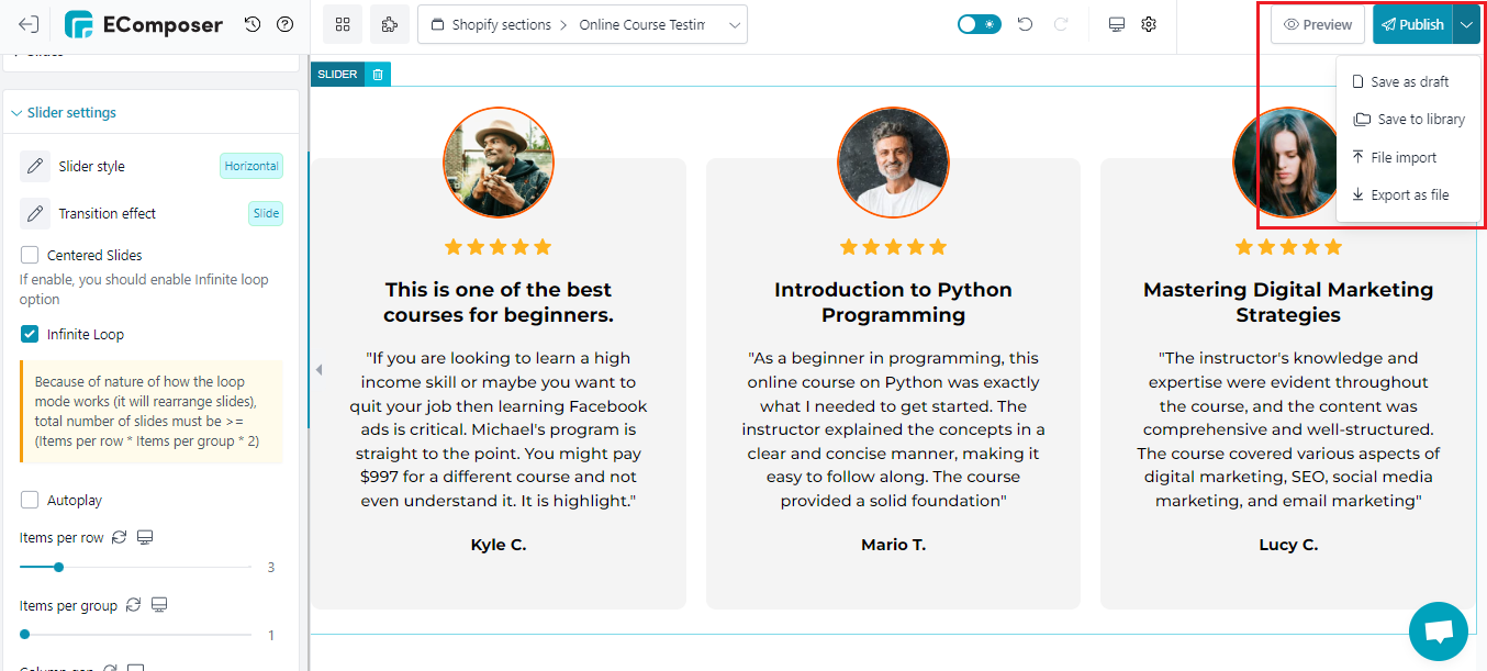 shopify review section
