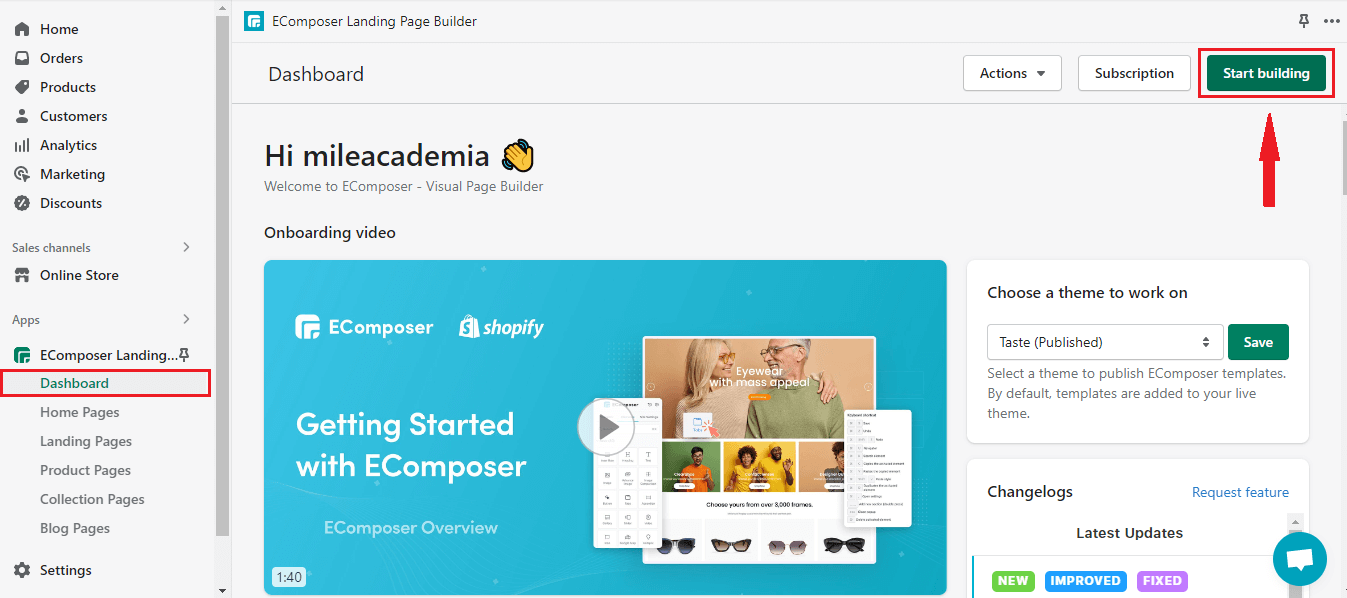 start building Shopify landing page with EComposer