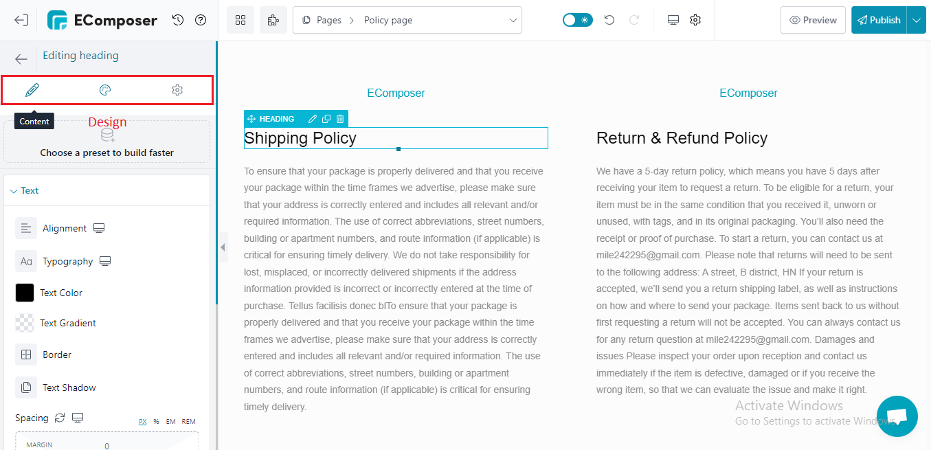 design and change content of Shopify policy page