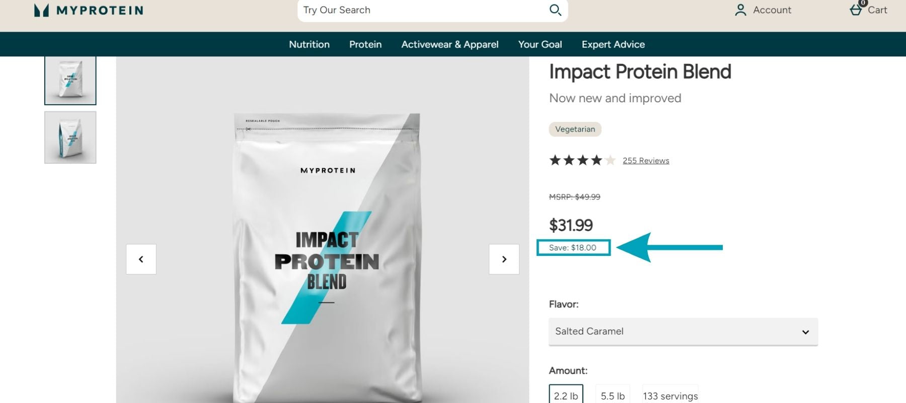 MyProtein's product page