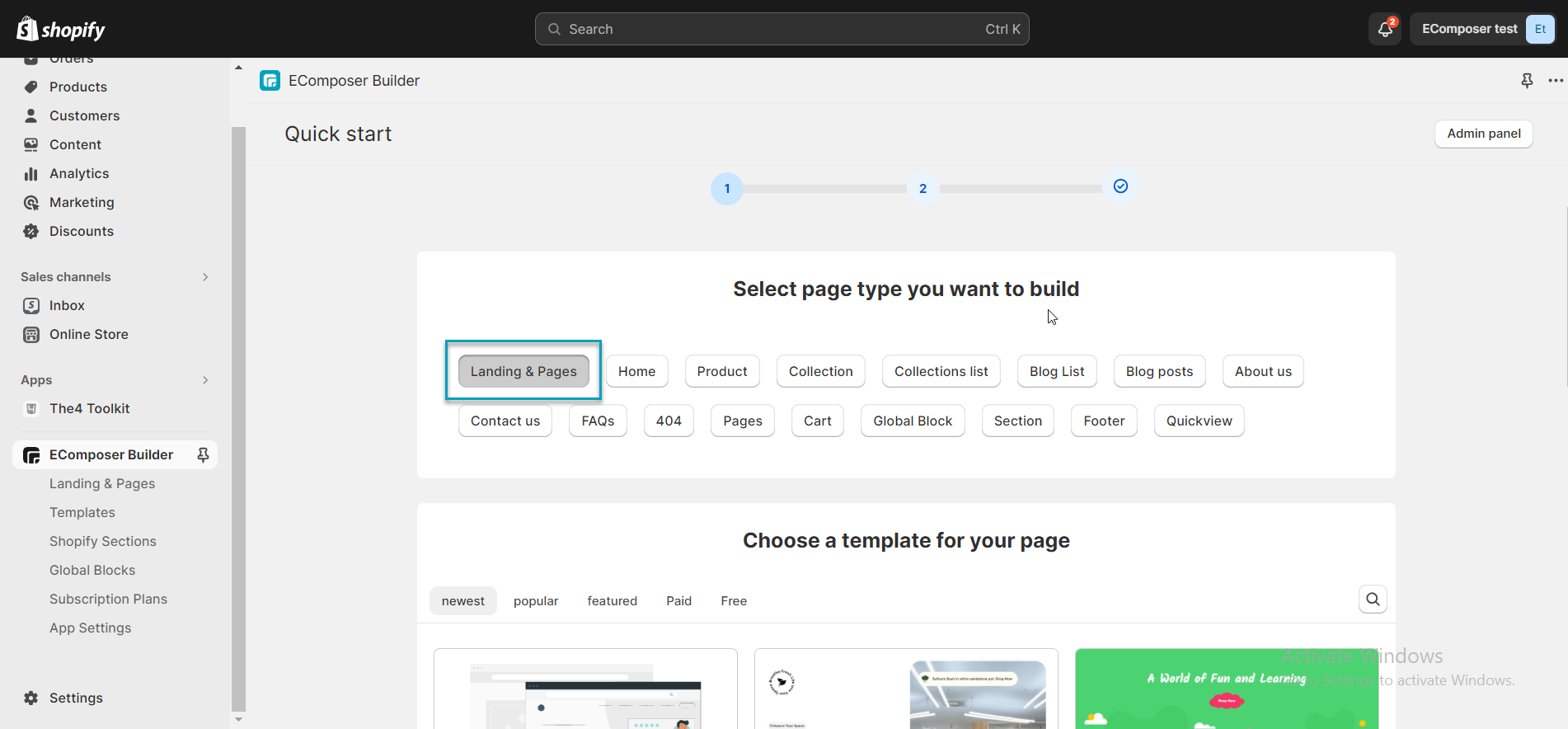 select landing and page