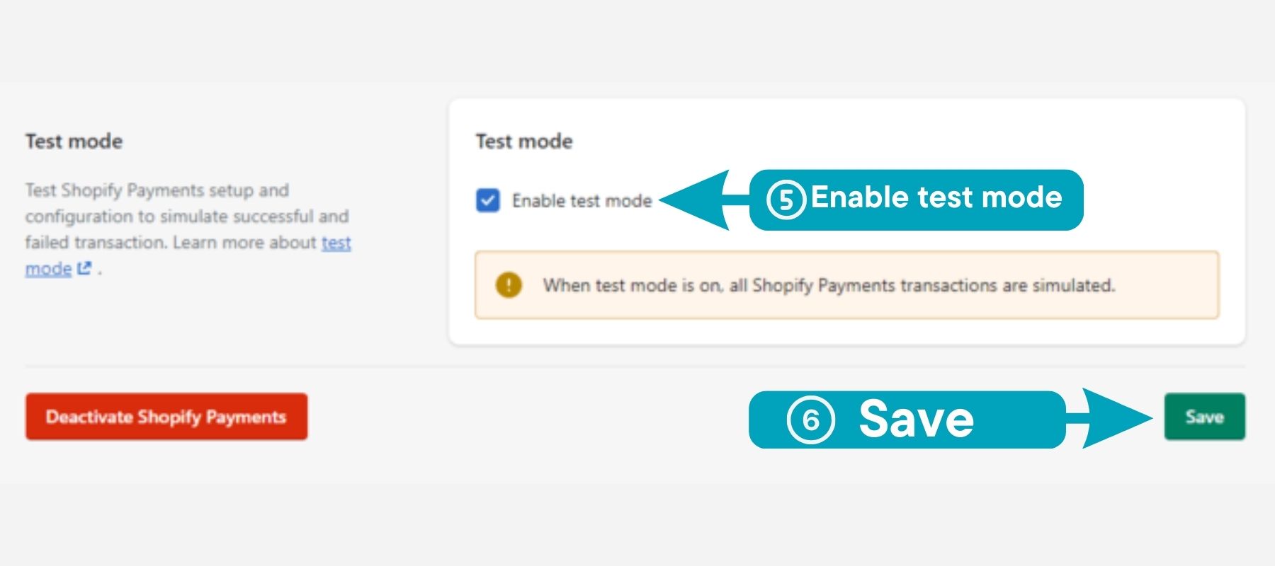 Enable Shopify Payments Test Mode