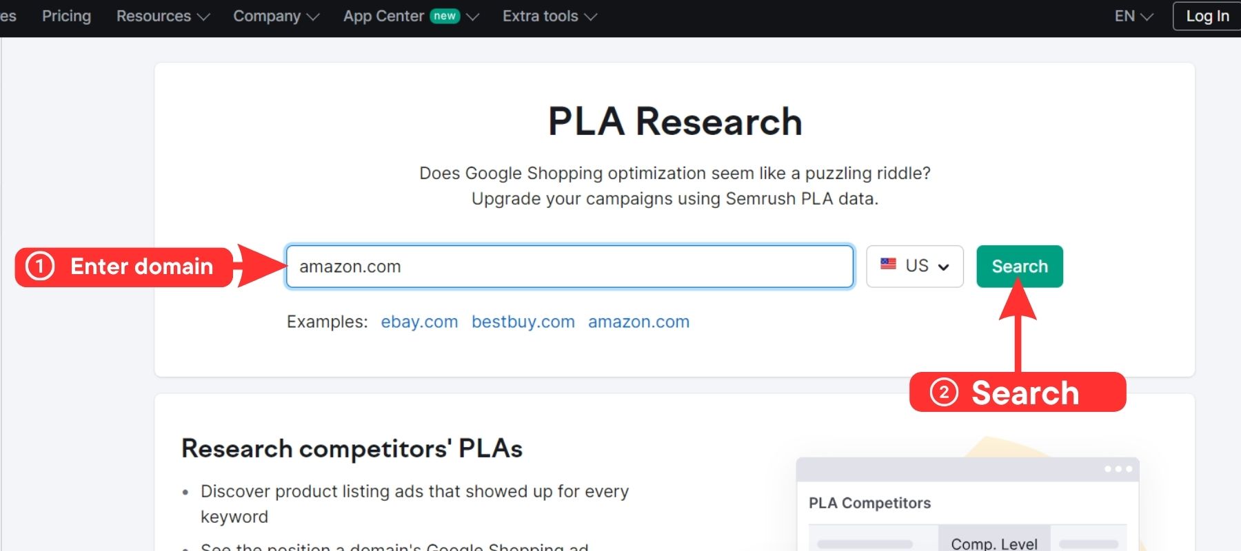 access the Semrush PLA Research tool