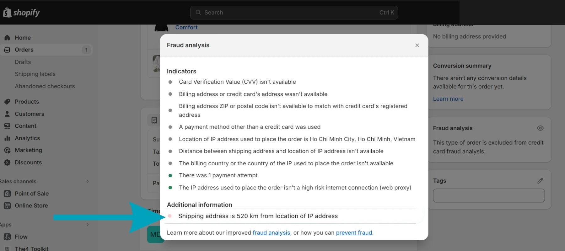 An example of a Shopify Fraud Analysis red signal