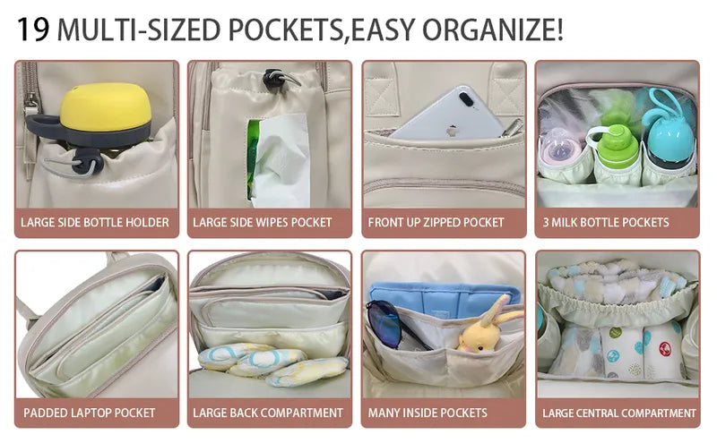 Diaper bag backpack with 19 useful pockets for baby's essentials and mommy's things