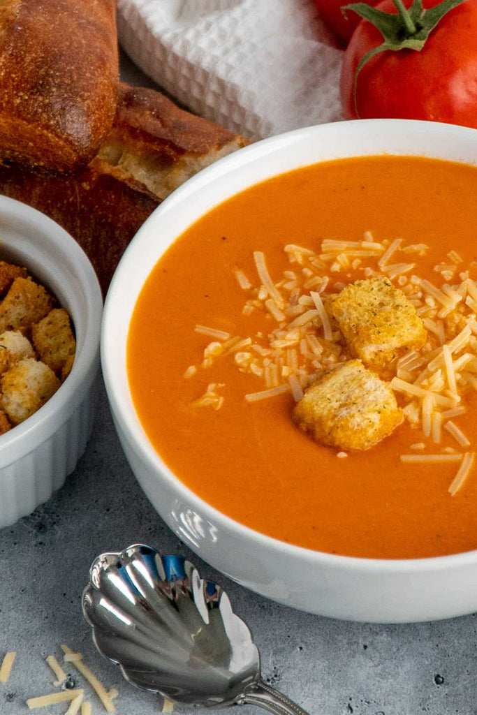 Crock Pot Tomato Soup in a bowl with croutons