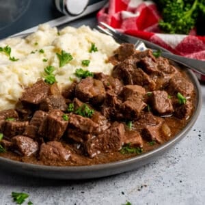 Steak Bites in a bowl with Mashed Potatoes