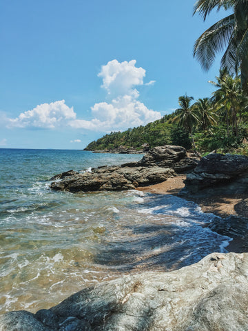 rocky island shore with water crashing on the shore